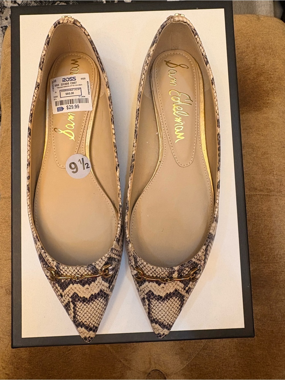 Sam Edelman Pointed Toe Snake-Print Flats in Beige and Black